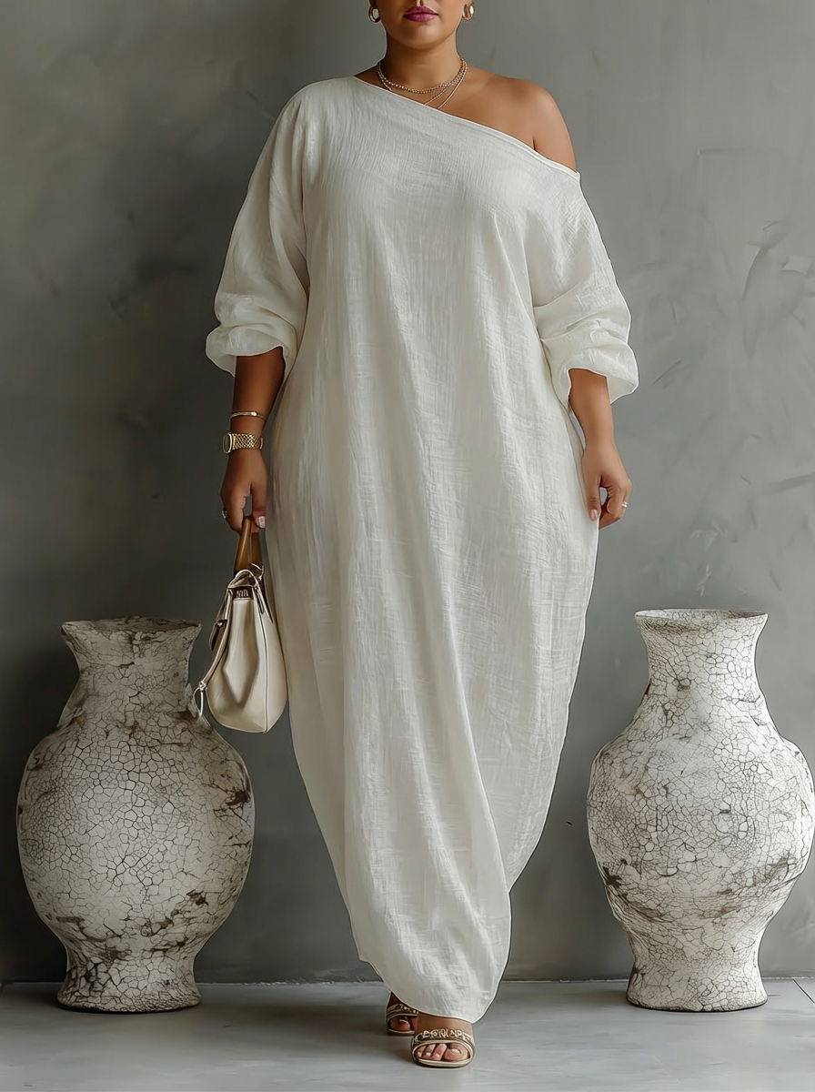 Elegant Flydende Kjole i Elfenben Hvid med Off-Shoulder