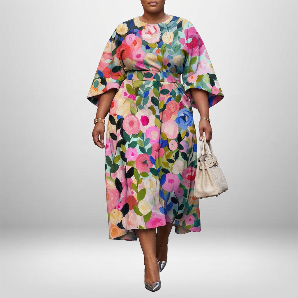 BONNIE | Bloom Print Midi med Skulptureret Talje og Flydende Elegance