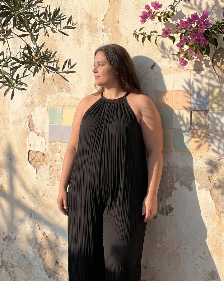 Wanda | Plisseret Halterneck Bred Ben Afslappet Jumpsuit
