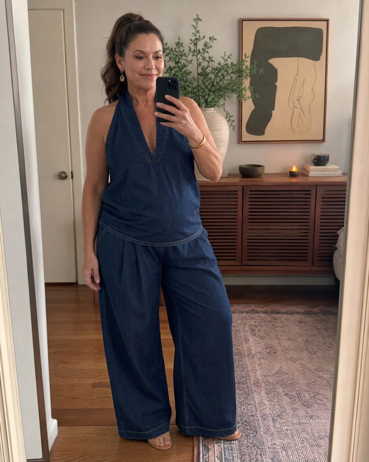 Opaline | Halterneck Denim Top og Bred Ben Bukser Sæt