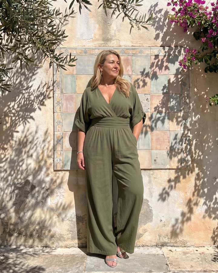 Ottilie | Draperet V-hals Bred Ben Afslappet Jumpsuit