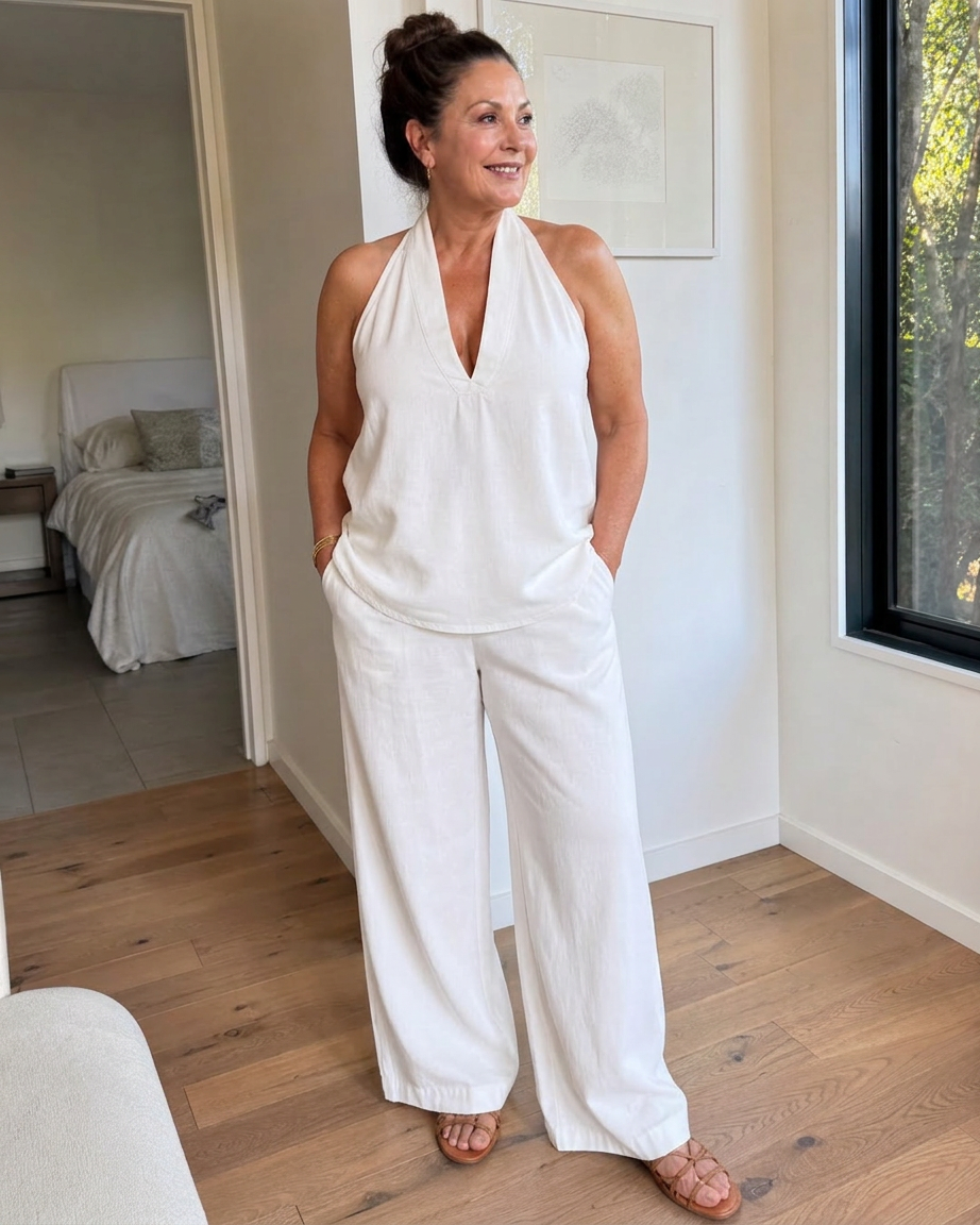 Opaline | Halterneck Denim Top og Bred Ben Bukser Sæt