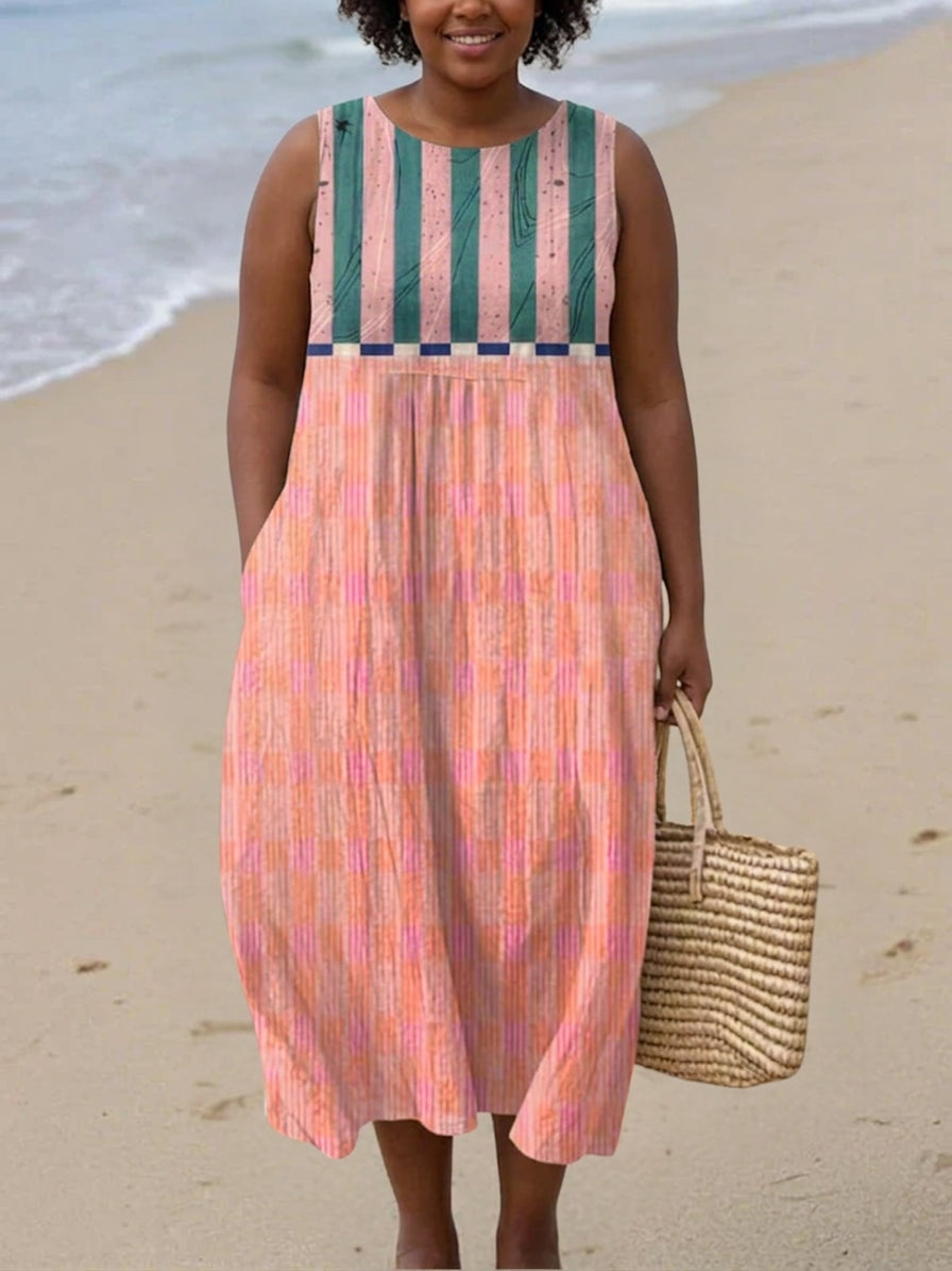 Vienne Stribet Pastel Midi Kjole