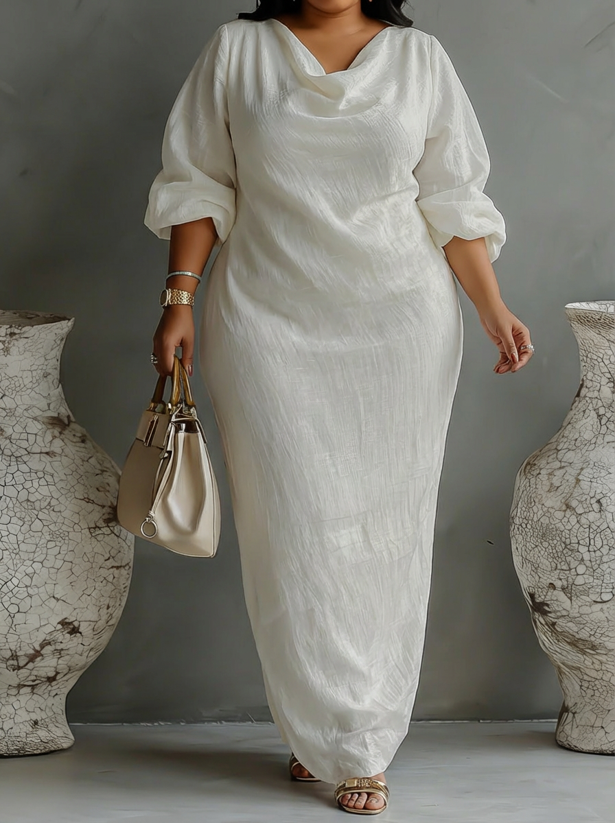 Elegant Flydende Kjole i Elfenben Hvid med Off-Shoulder