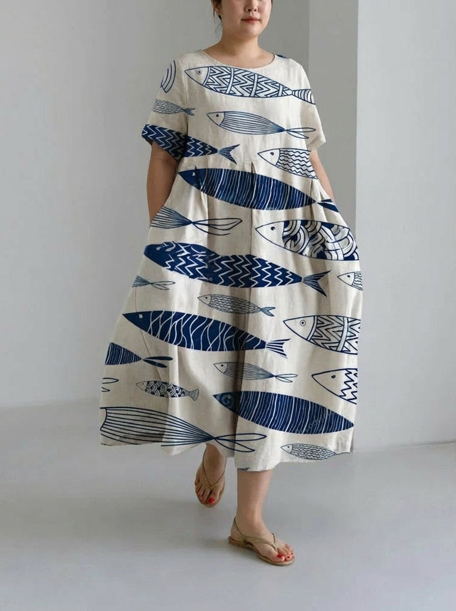 Eira | Fisk Print Løs Rund Hals Medium Længde Skørtdress