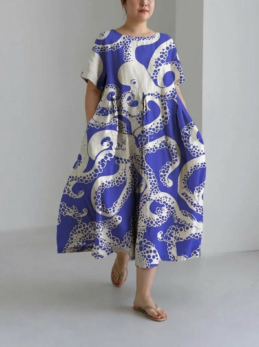 Thea | Mode Blå Blæksprutte Print Løs Rund Hals Medium Længde Skørt Kjole