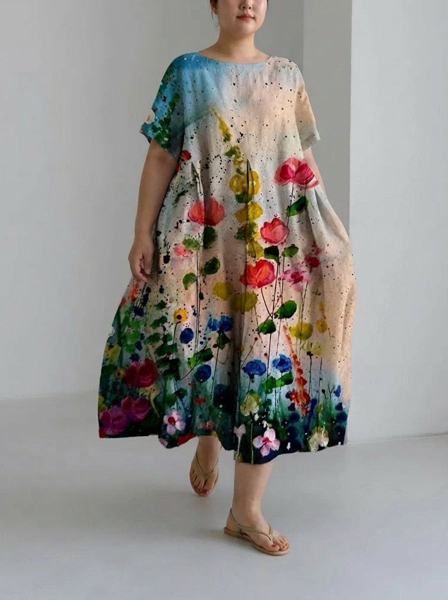 Theodora | Olie Kunst Flory Løs Rund Hals Medium Længde Nederdel Kjole