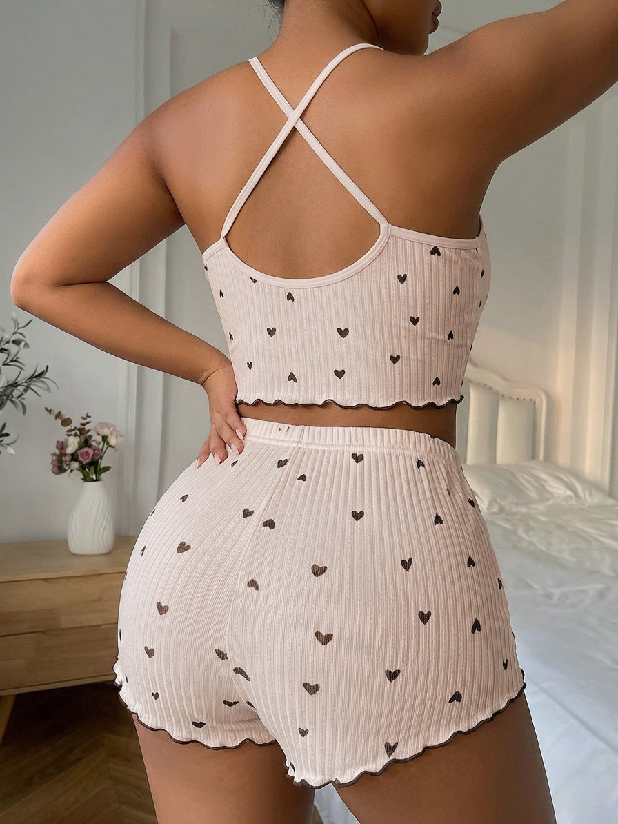 Yara | Hjerteprint Volang Trim Pyjamas Sæt