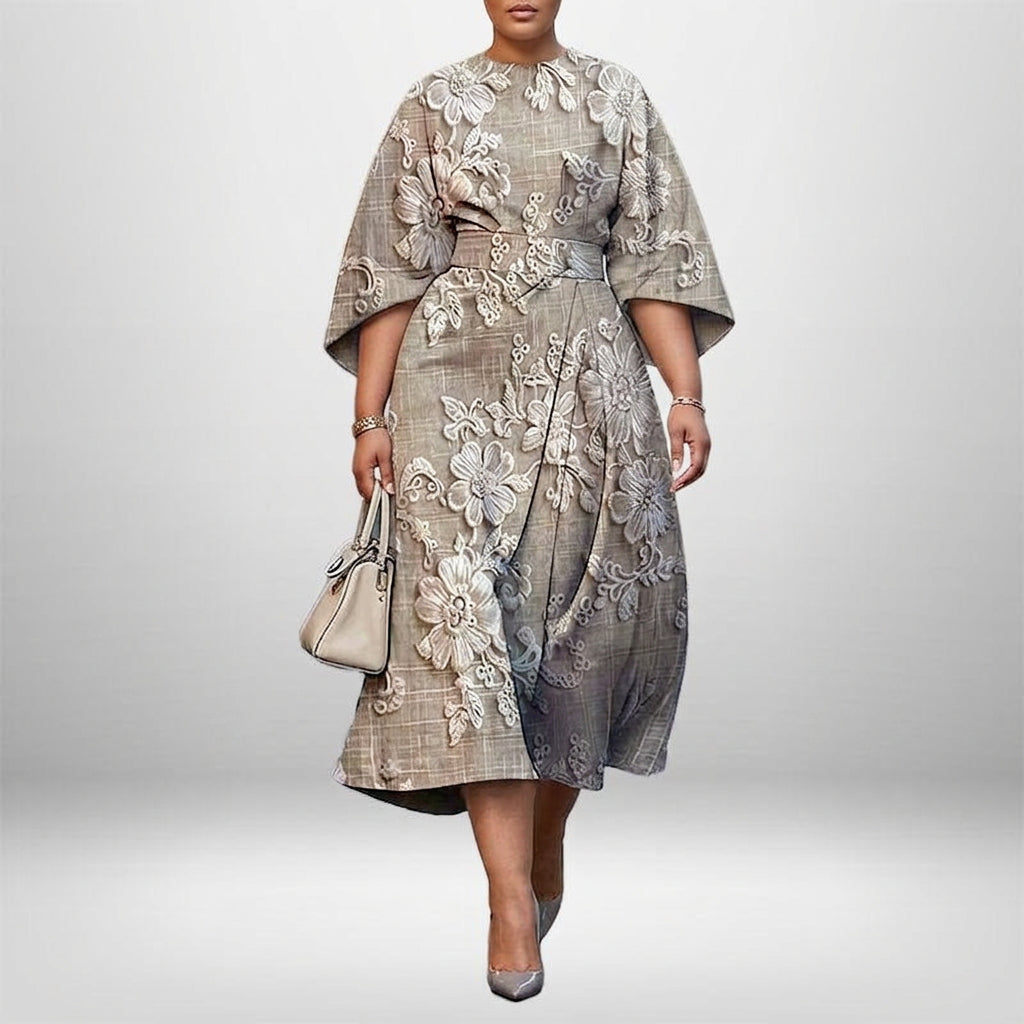YASMIN | Broderet Floral Midi med Skulptureret Talje og Tidsløs Grace