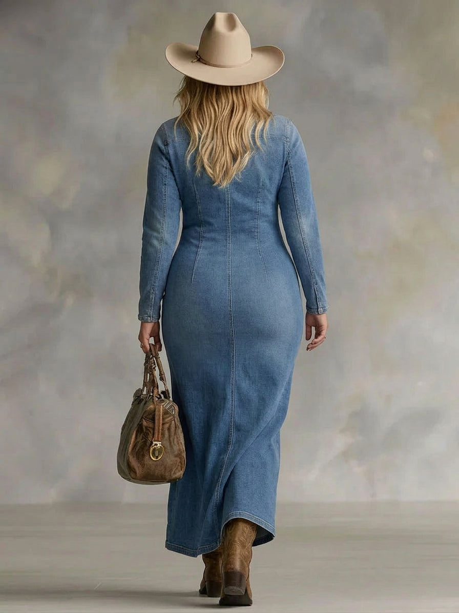 Gwen | V-hals Enkelt Knap Side Split Denim Langærmet Maxi Kjole