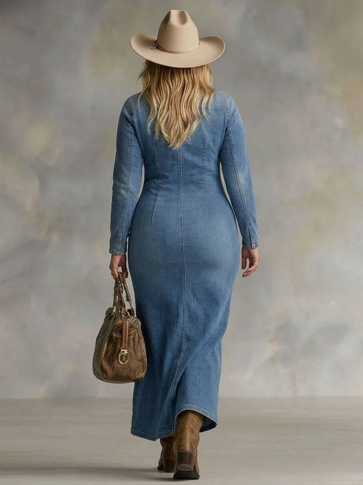 Gwen | V-hals Enkelt Knap Side Split Denim Langærmet Maxi Kjole