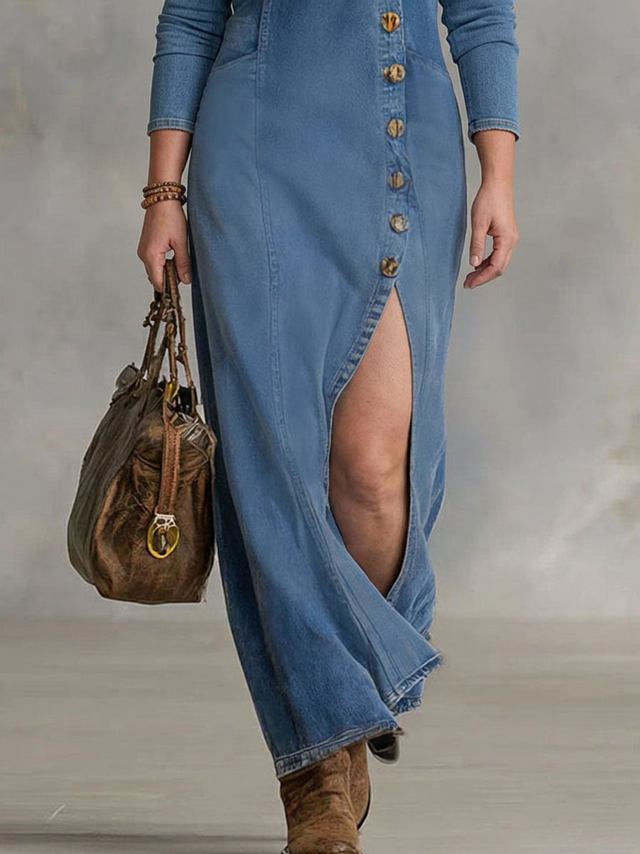 Gwen | V-hals Enkelt Knap Side Split Denim Langærmet Maxi Kjole