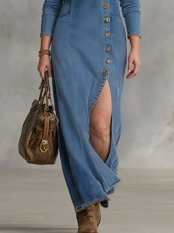 Gwen | V-hals Enkelt Knap Side Split Denim Langærmet Maxi Kjole