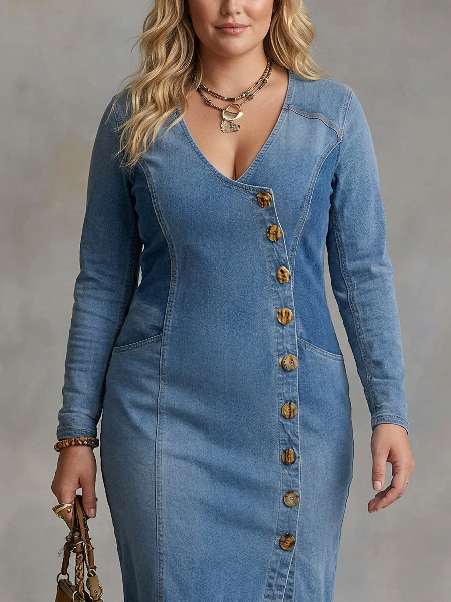 Gwen | V-hals Enkelt Knap Side Split Denim Langærmet Maxi Kjole