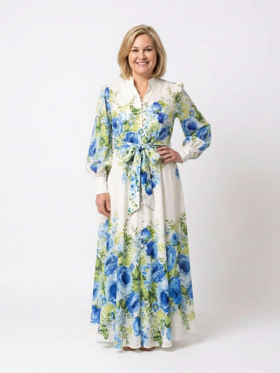 Laisa | Langærmet blomsterknap-front maxi kjole
