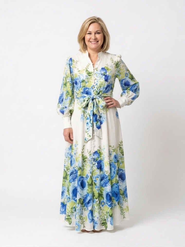 Laisa | Langærmet blomsterknap-front maxi kjole
