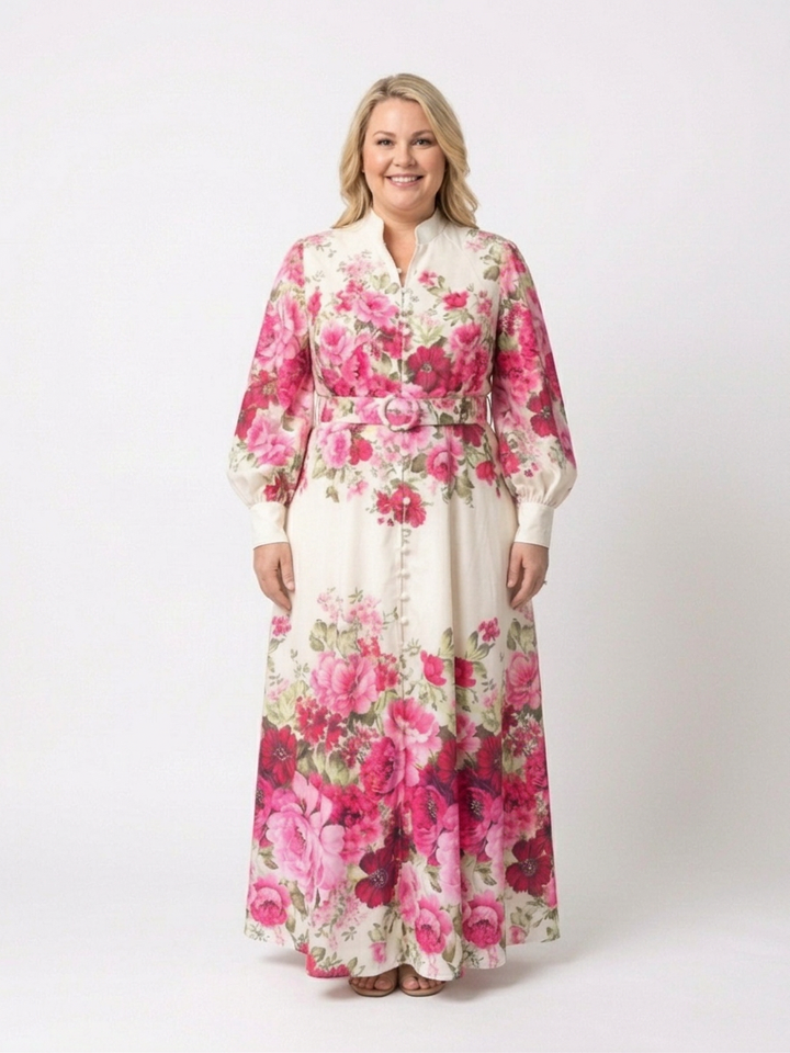 Dahlia | Langærmet blomsterbælte maxi kjole