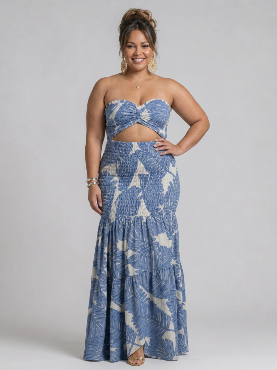Edith | Strapless To-delt Trykt Maxi Kjole Sæt