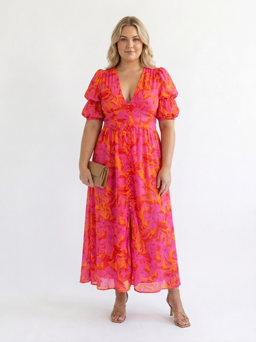 Beatrice | Blomster V-hals Puffærmet Midi Kjole