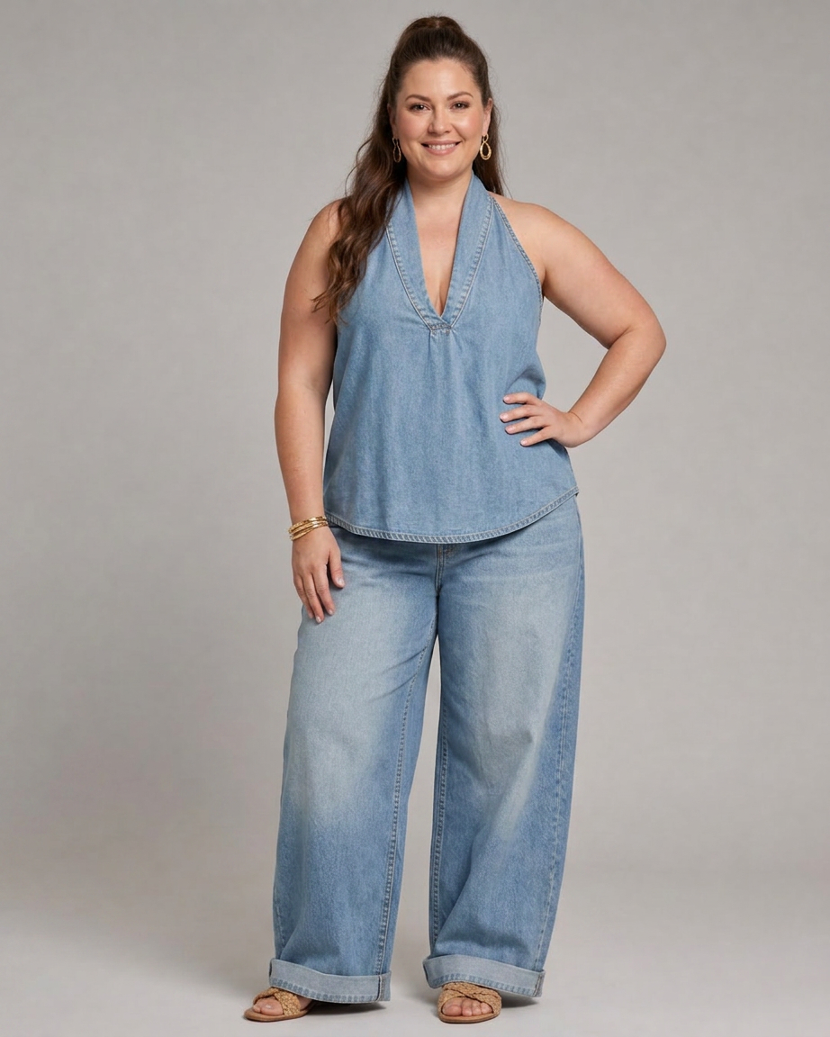 Opaline | Halterneck Denim Top og Bred Ben Bukser Sæt