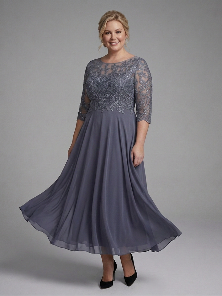Anwen | Midi Kjole med Blonde Bodice og Gennemsigtige Ærmer