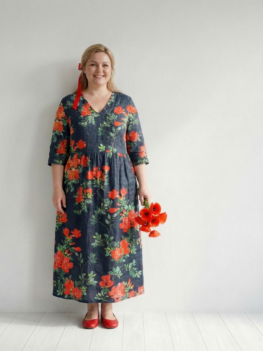 Hana | Rolig Draperet Blomster Midi Kjole