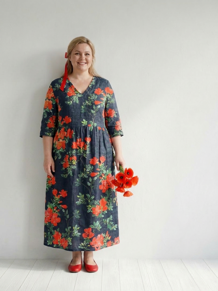 Hana | Rolig Draperet Blomster Midi Kjole