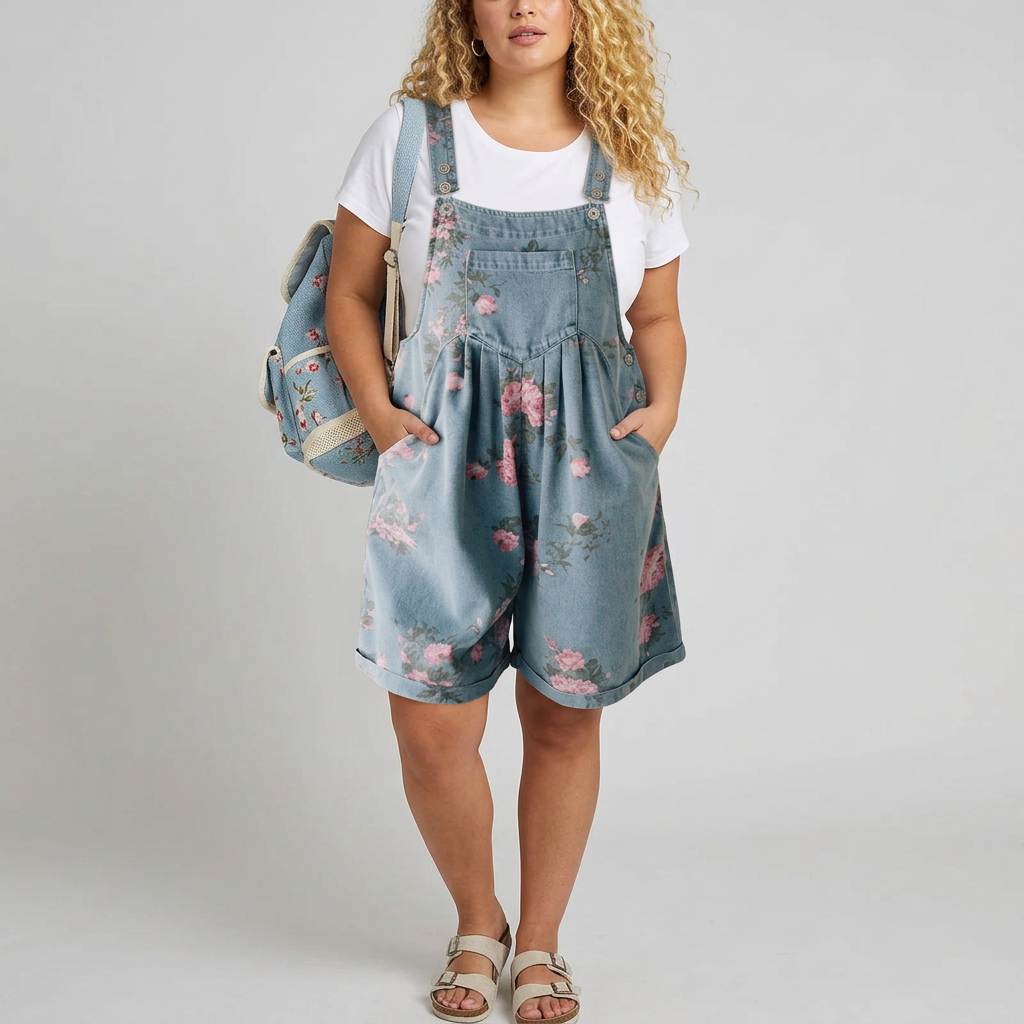 Solene | Vintage Vasket Blød Bomulds Følelse Denim Blomster Jumpsuit
