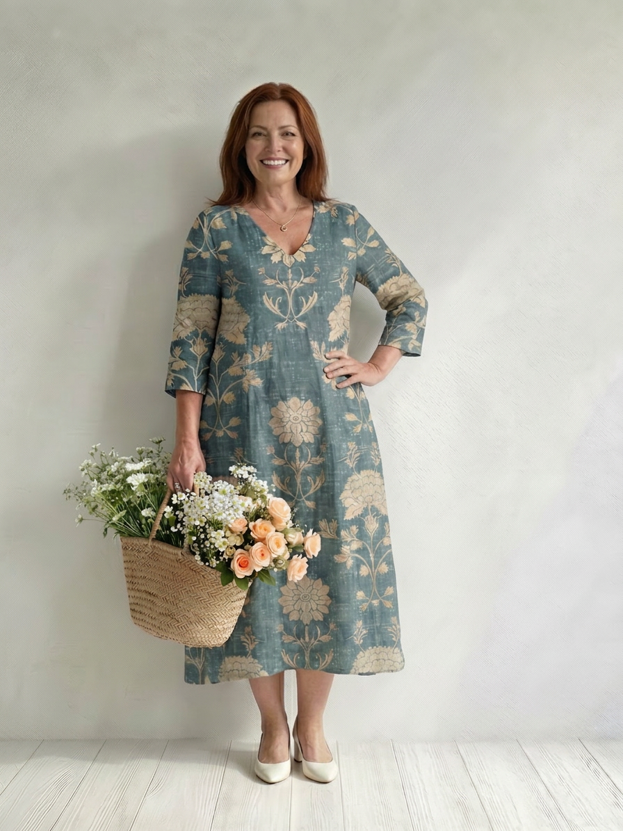 Aveline | Blødt Formet Blomster Midi Kjole