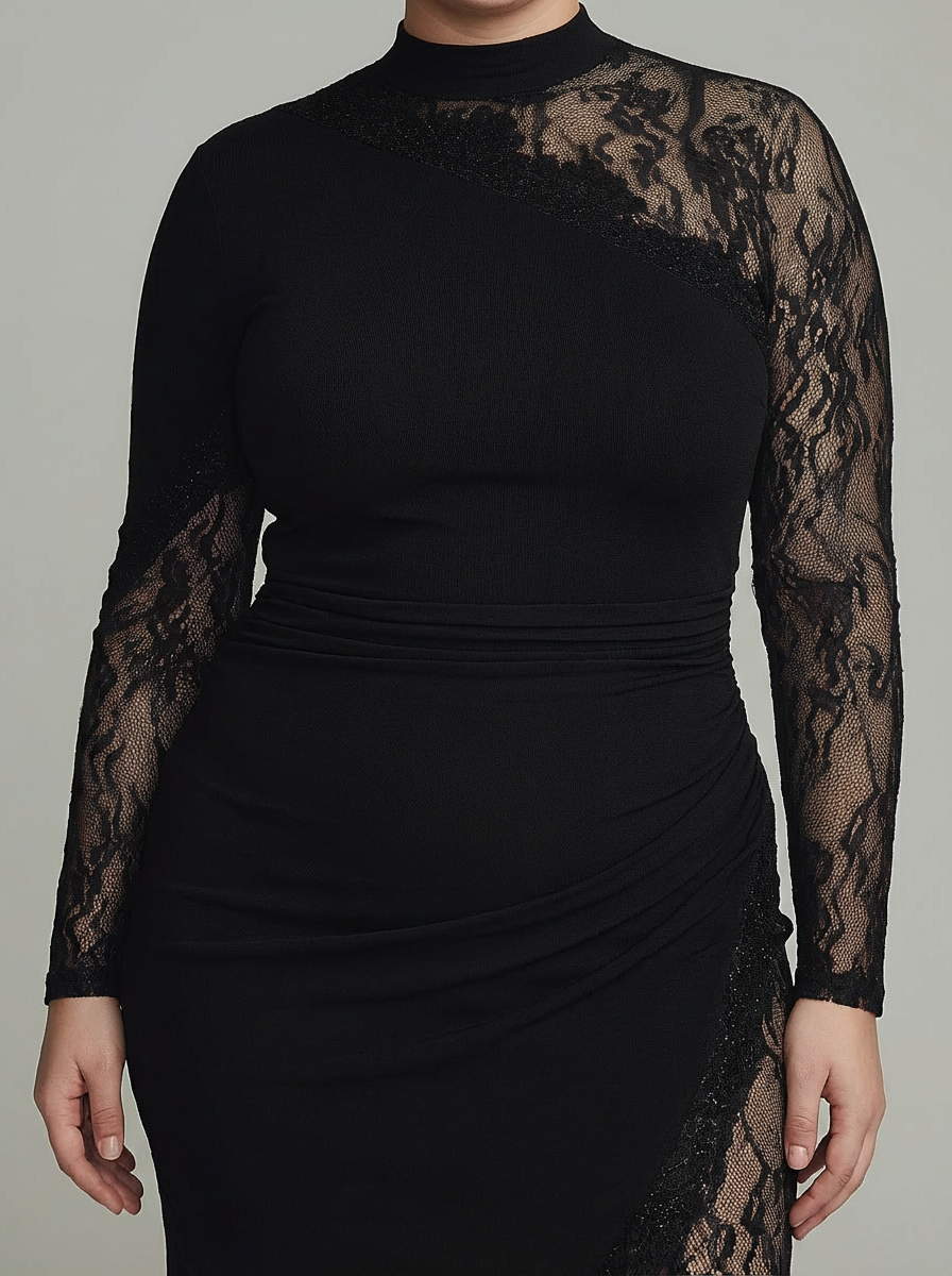 Elspeth | Sort Turtleneck Blonde Asymmetrisk Tulle Langærmet Mini Kjole