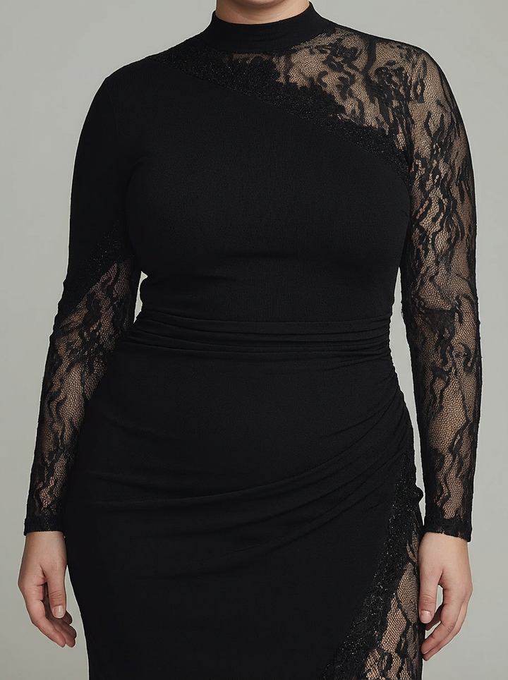 Elspeth | Sort Turtleneck Blonde Asymmetrisk Tulle Langærmet Mini Kjole