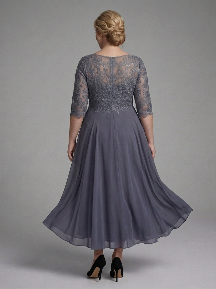 Anwen | Midi Kjole med Blonde Bodice og Gennemsigtige Ærmer