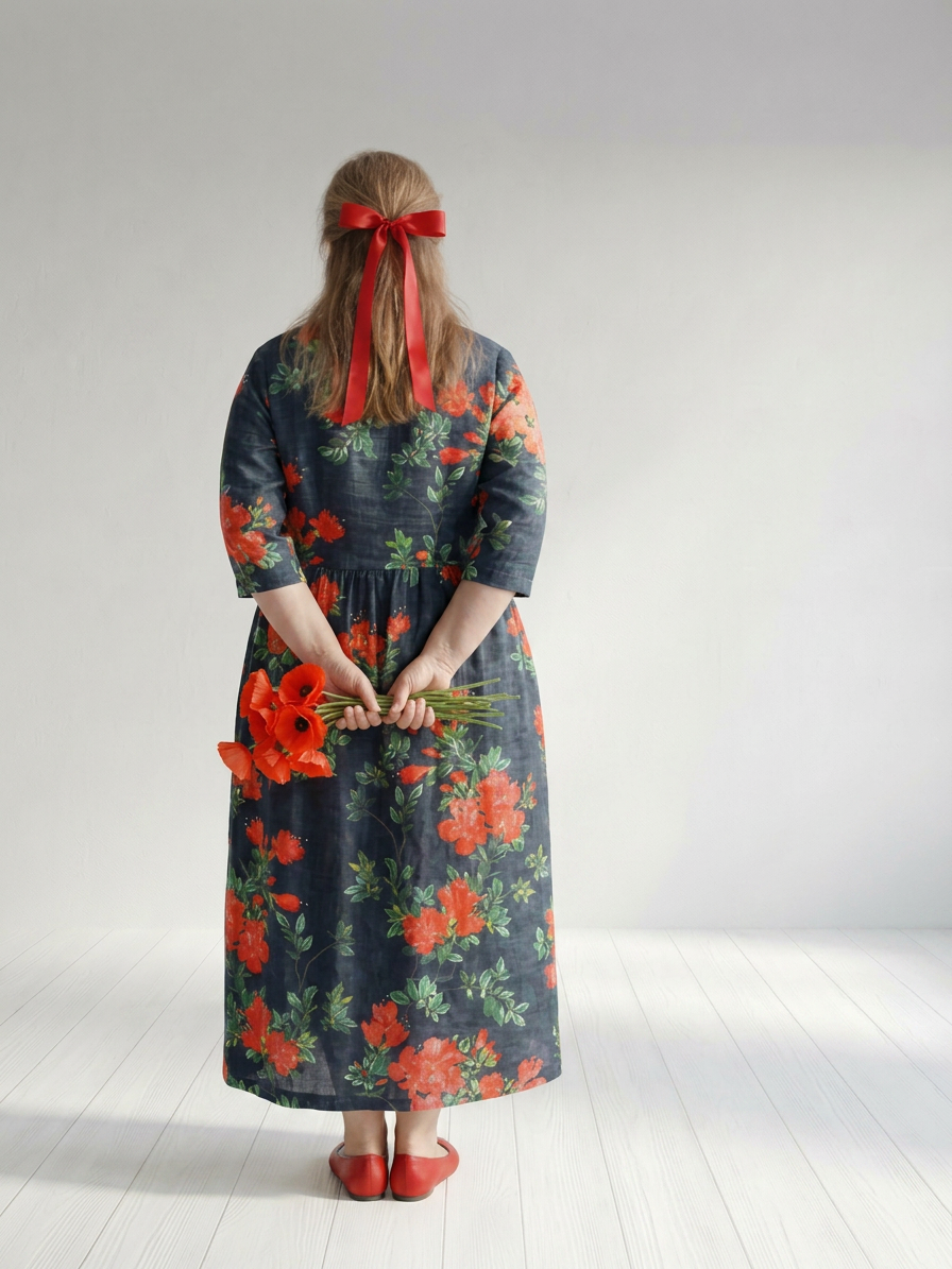 Hana | Rolig Draperet Blomster Midi Kjole