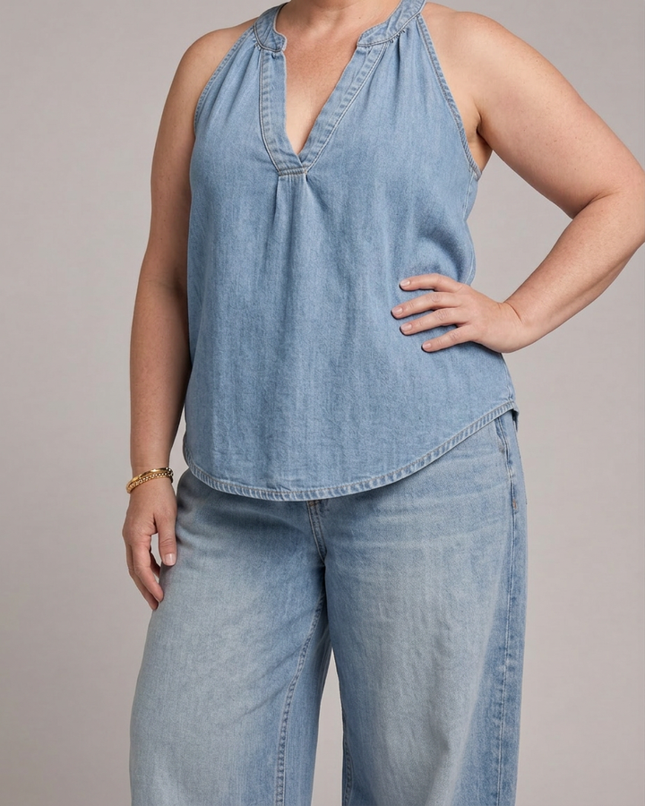 Opaline | Halterneck Denim Top og Bred Ben Bukser Sæt