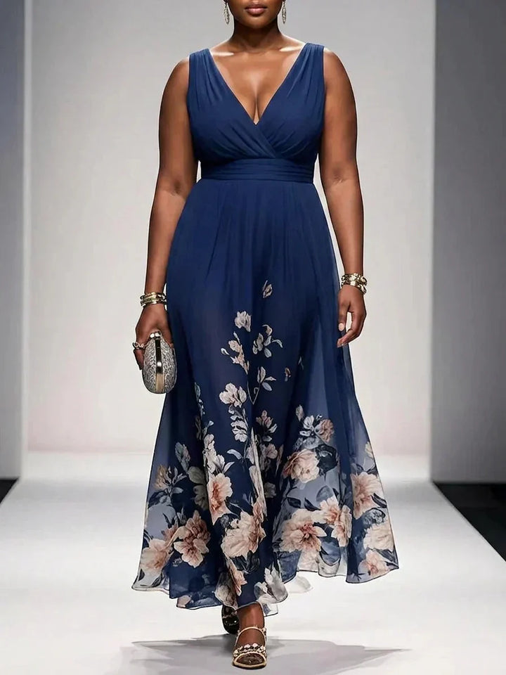 Salma | Lyseblå Blomster Chiffon V-Hals Maxi Kjole