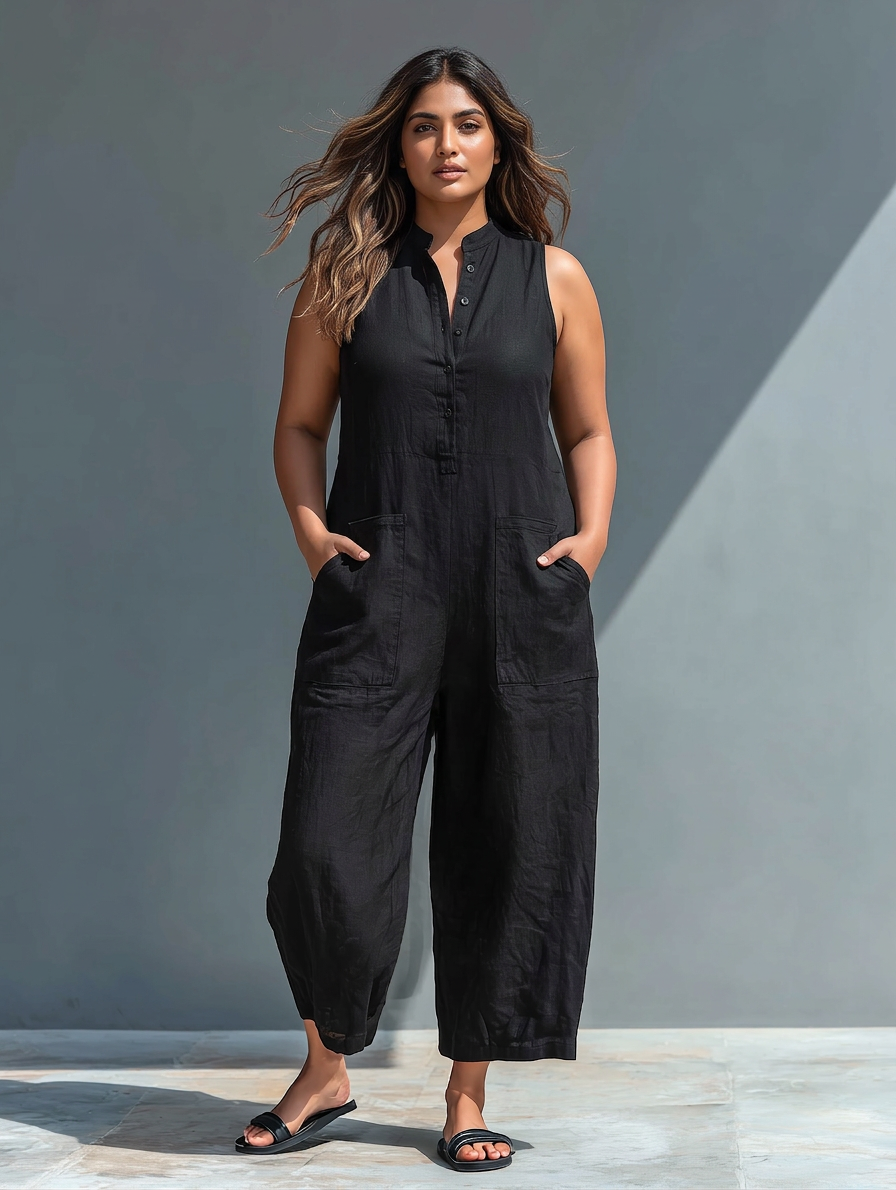 Ærmeløs Minimalistisk Jumpsuit til Kvinder med Høj Krave og Knapper