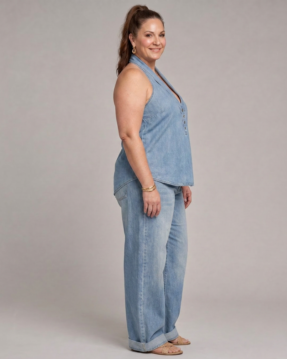 Opaline | Halterneck Denim Top og Bred Ben Bukser Sæt