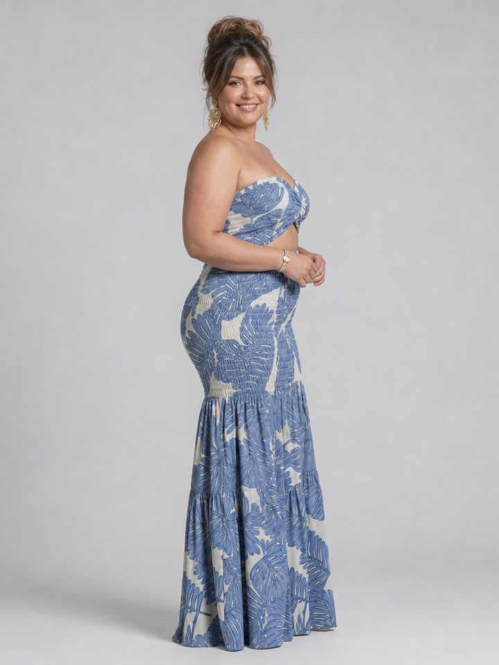 Edith | Strapless To-delt Trykt Maxi Kjole Sæt