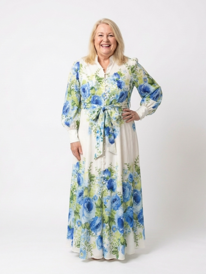 Laisa | Langærmet blomsterknap-front maxi kjole