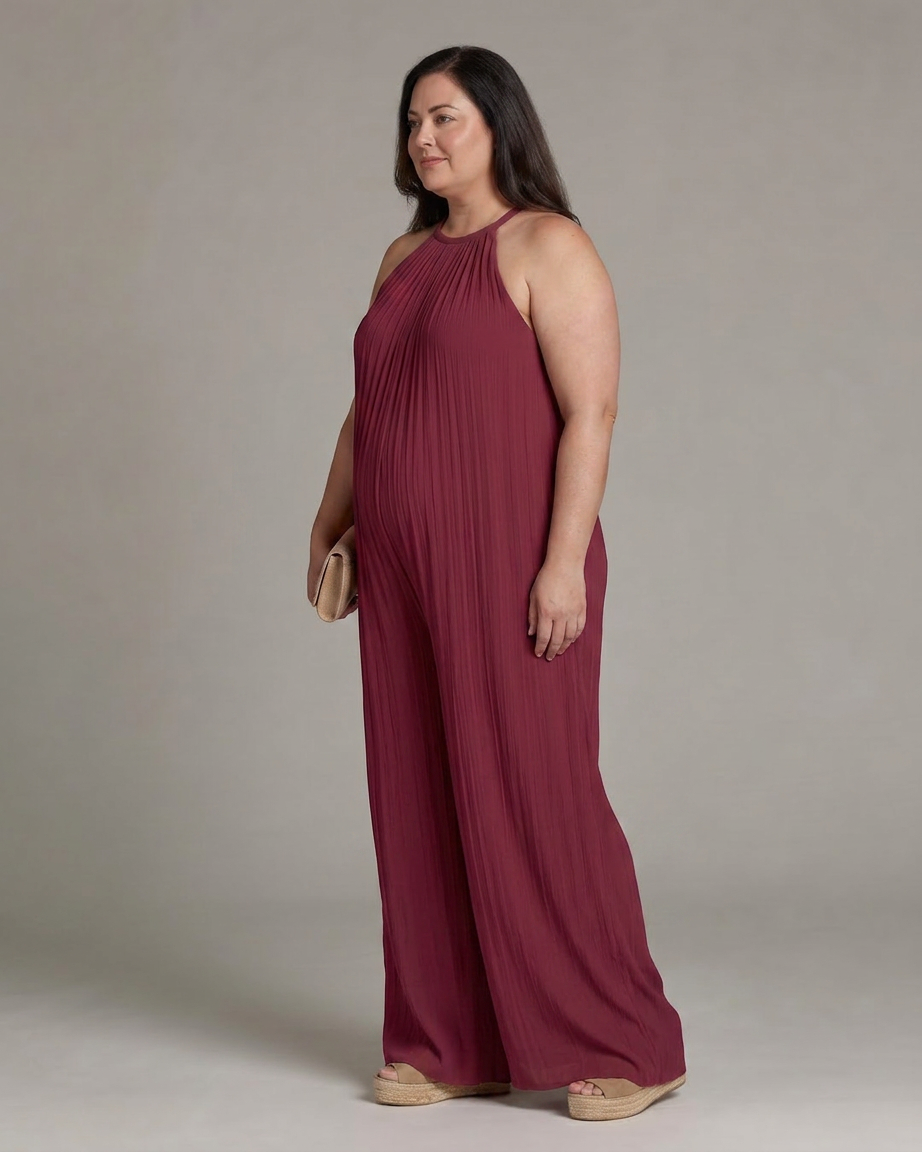Wanda | Plisseret Halterneck Bred Ben Afslappet Jumpsuit