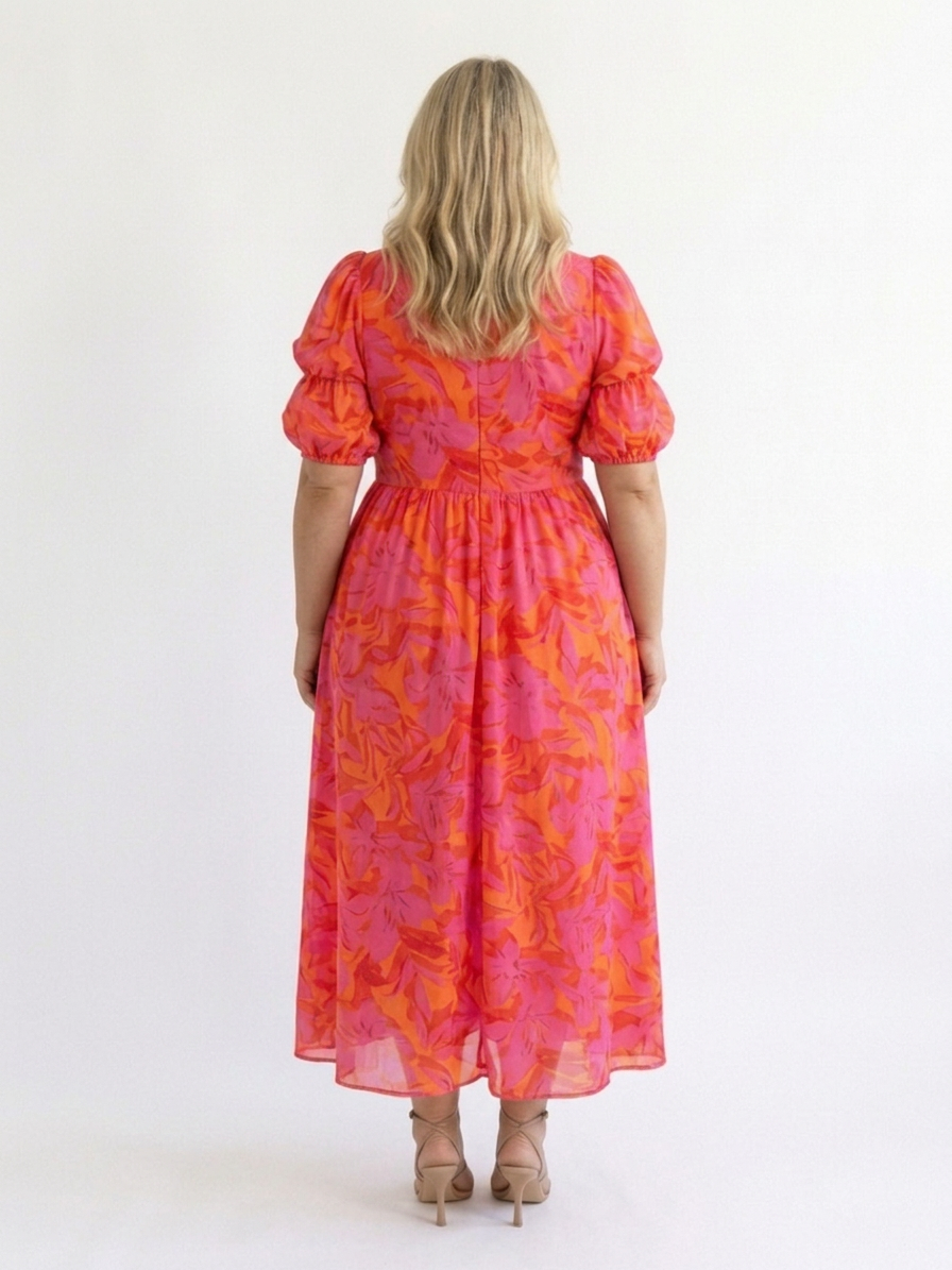 Beatrice | Blomster V-hals Puffærmet Midi Kjole