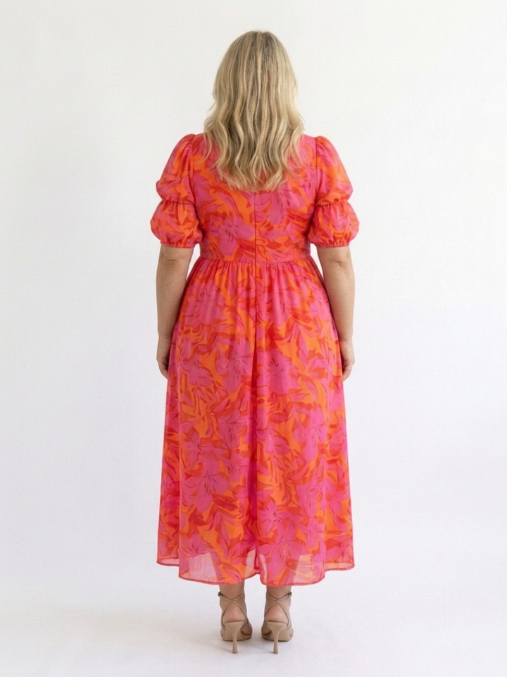 Beatrice | Blomster V-hals Puffærmet Midi Kjole