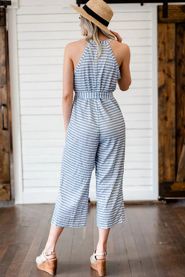 Olwen - Smuk Stribet Jumpsuit med Bindebånd i Taljen