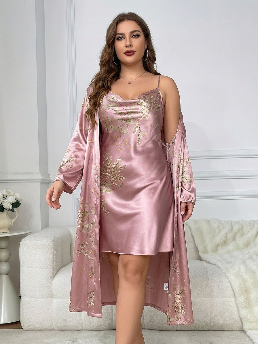 Vesper | 2-delt Floral Satin Top og Morgenkåbe Sæt