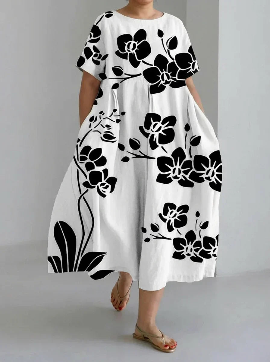 Amity | Elegant Casual Sort Blomstret Løs Kjole