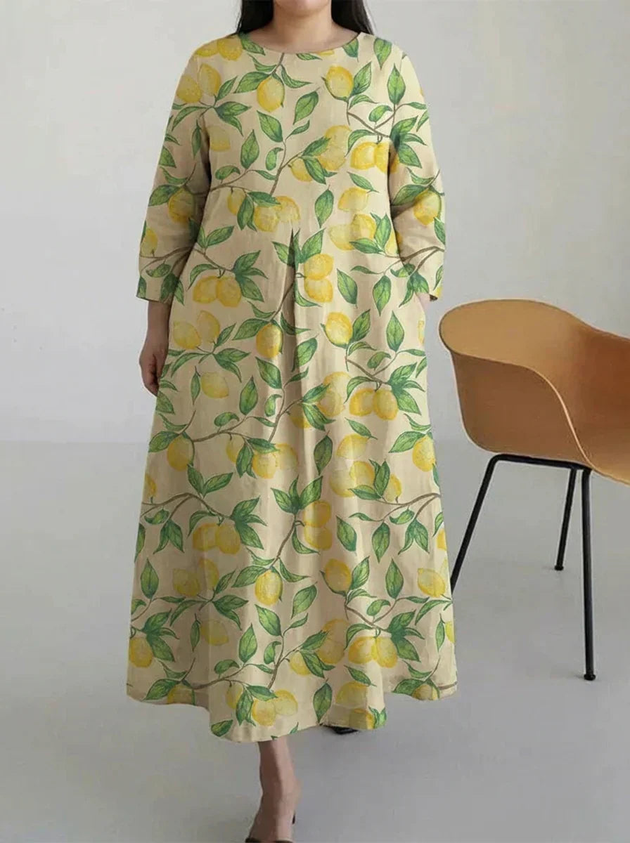 Wynne | Casual Citrontræ Print Langærmet Midi Kjole