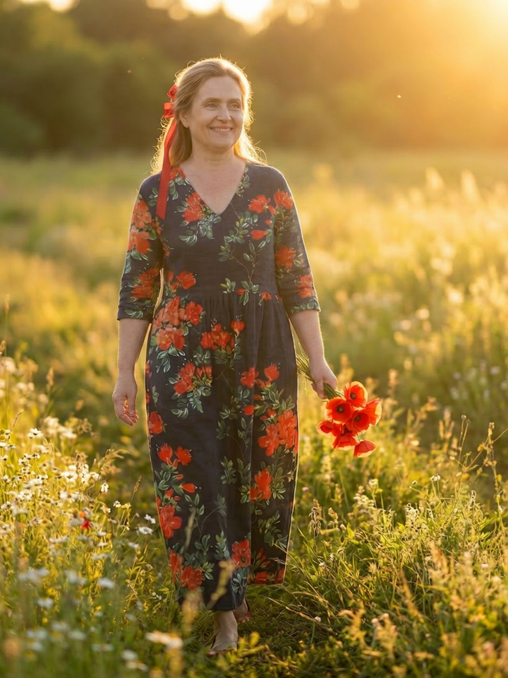 Hana | Rolig Draperet Blomster Midi Kjole