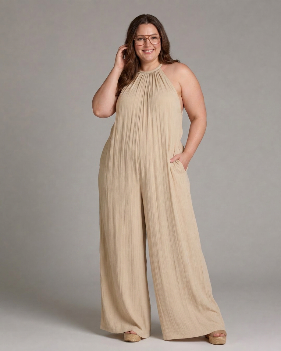 Wanda | Plisseret Halterneck Bred Ben Afslappet Jumpsuit