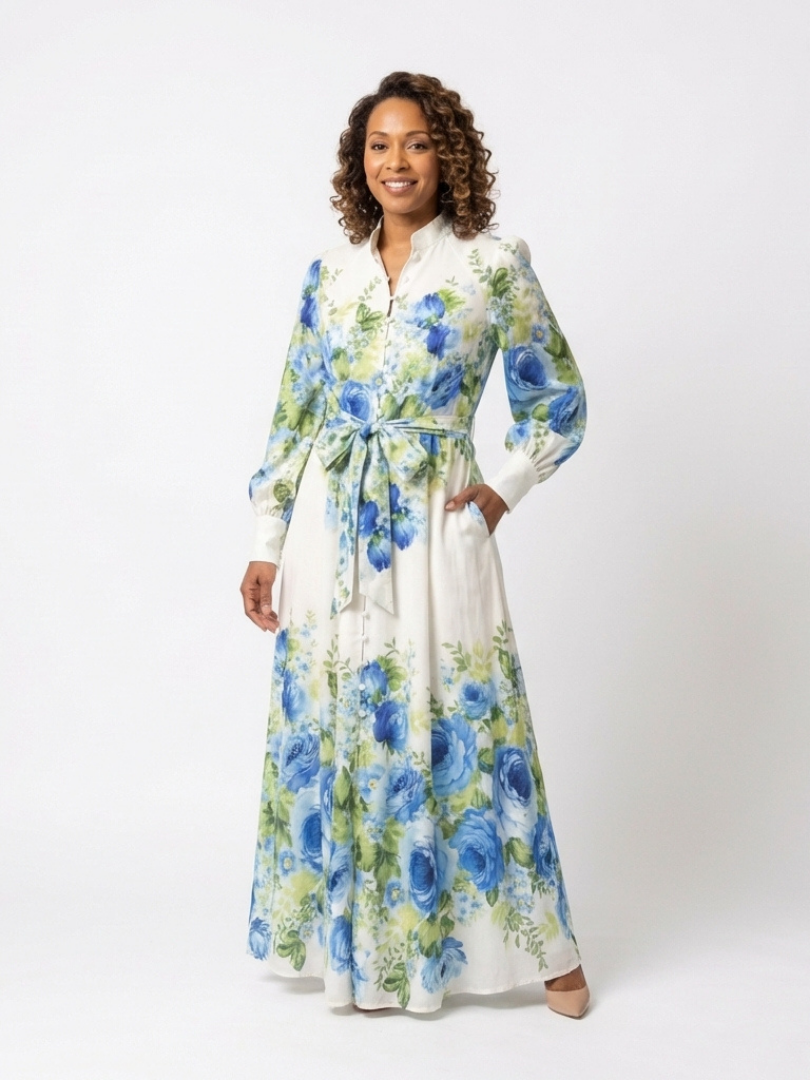 Laisa | Langærmet blomsterknap-front maxi kjole