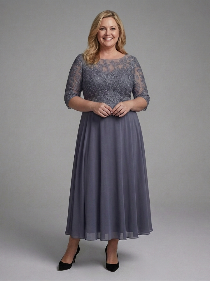 Anwen | Midi Kjole med Blonde Bodice og Gennemsigtige Ærmer